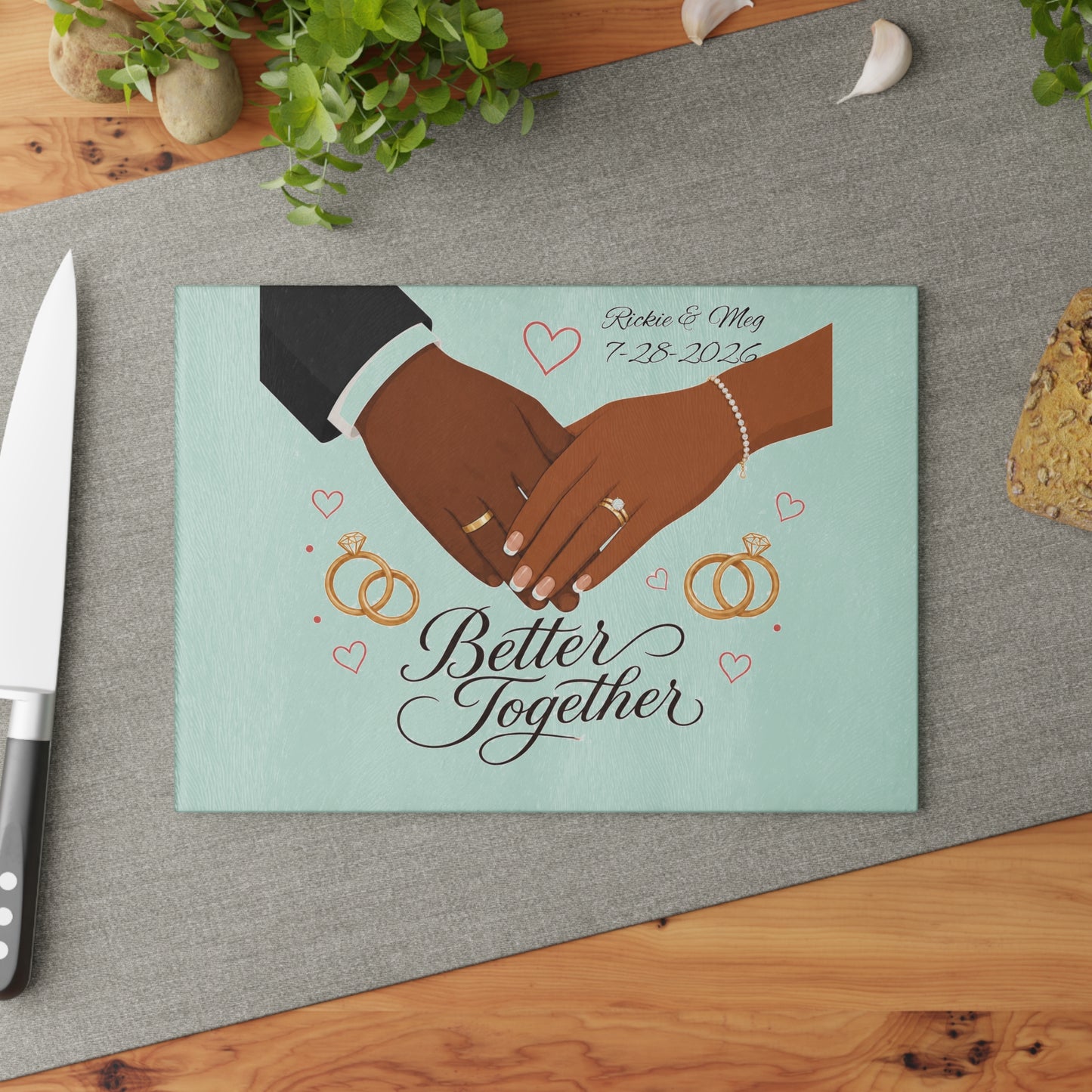 Better Together wedding hands Glass Cutting Board | Personalized date names