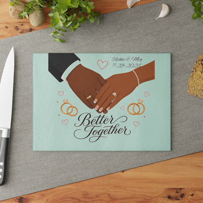 Better Together wedding hands Glass Cutting Board | Personalized date names