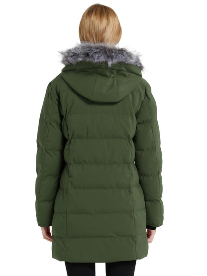 Multiple Pocket Solid Thicken Midi Padded Coat wantdo Women's Winter Puffer Parka Fashion Casual Classic Outdoor Hiking Travel Quilted Jacket Polyester Shell Faux Fur Detachable Hooded Overcoat Long Sleeve Two-way Zipper Yout