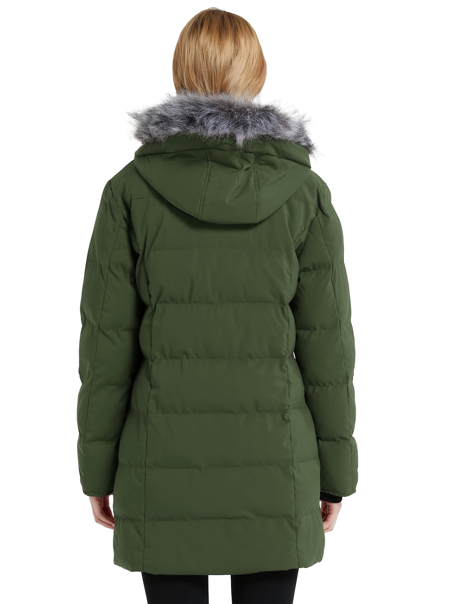 Multiple Pocket Solid Thicken Midi Padded Coat wantdo Women's Winter Puffer Parka Fashion Casual Classic Outdoor Hiking Travel Quilted Jacket Polyester Shell Faux Fur Detachable Hooded Overcoat Long Sleeve Two-way Zipper Yout