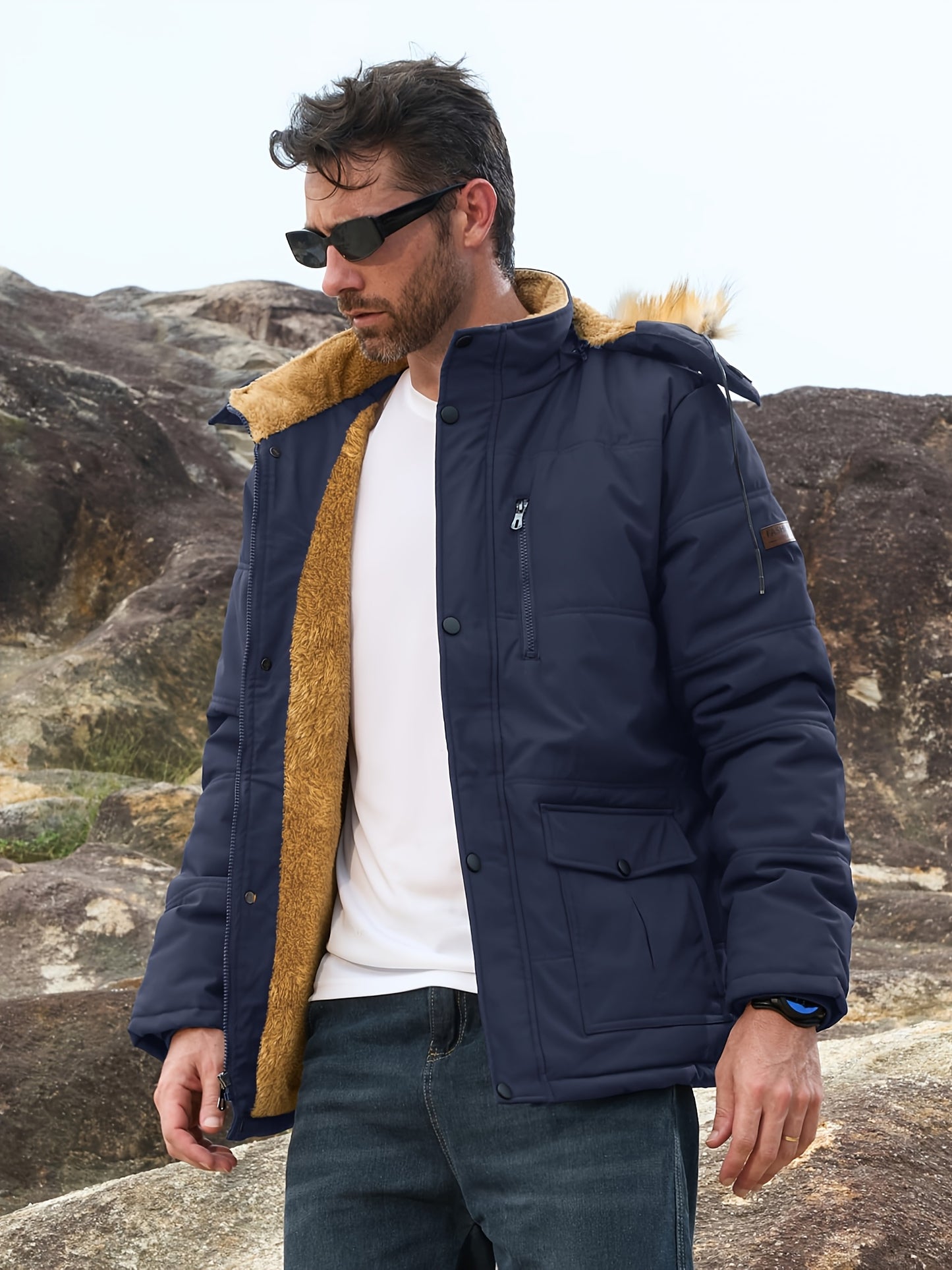 [S-2XL/4COLORS] Men'S Fleece Lined Parka Jacket Hooded Jacket Ribbed-knit Cuffs Warm Winter Coat Premium Level Shell Thicken Fur Jackets Windproof Coats Drawstring Convenient For Daily Life Or Outdoor Activities