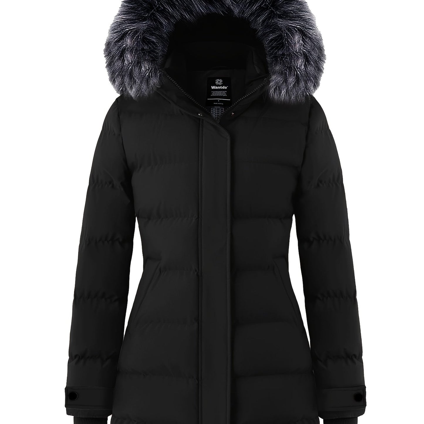 Multiple Pocket Solid Thicken Midi Padded Coat wantdo Women's Winter Puffer Parka Fashion Casual Classic Outdoor Hiking Travel Quilted Jacket Polyester Shell Faux Fur Detachable Hooded Overcoat Long Sleeve Two-way Zipper Yout