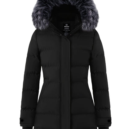 Multiple Pocket Solid Thicken Midi Padded Coat wantdo Women's Winter Puffer Parka Fashion Casual Classic Outdoor Hiking Travel Quilted Jacket Polyester Shell Faux Fur Detachable Hooded Overcoat Long Sleeve Two-way Zipper Yout