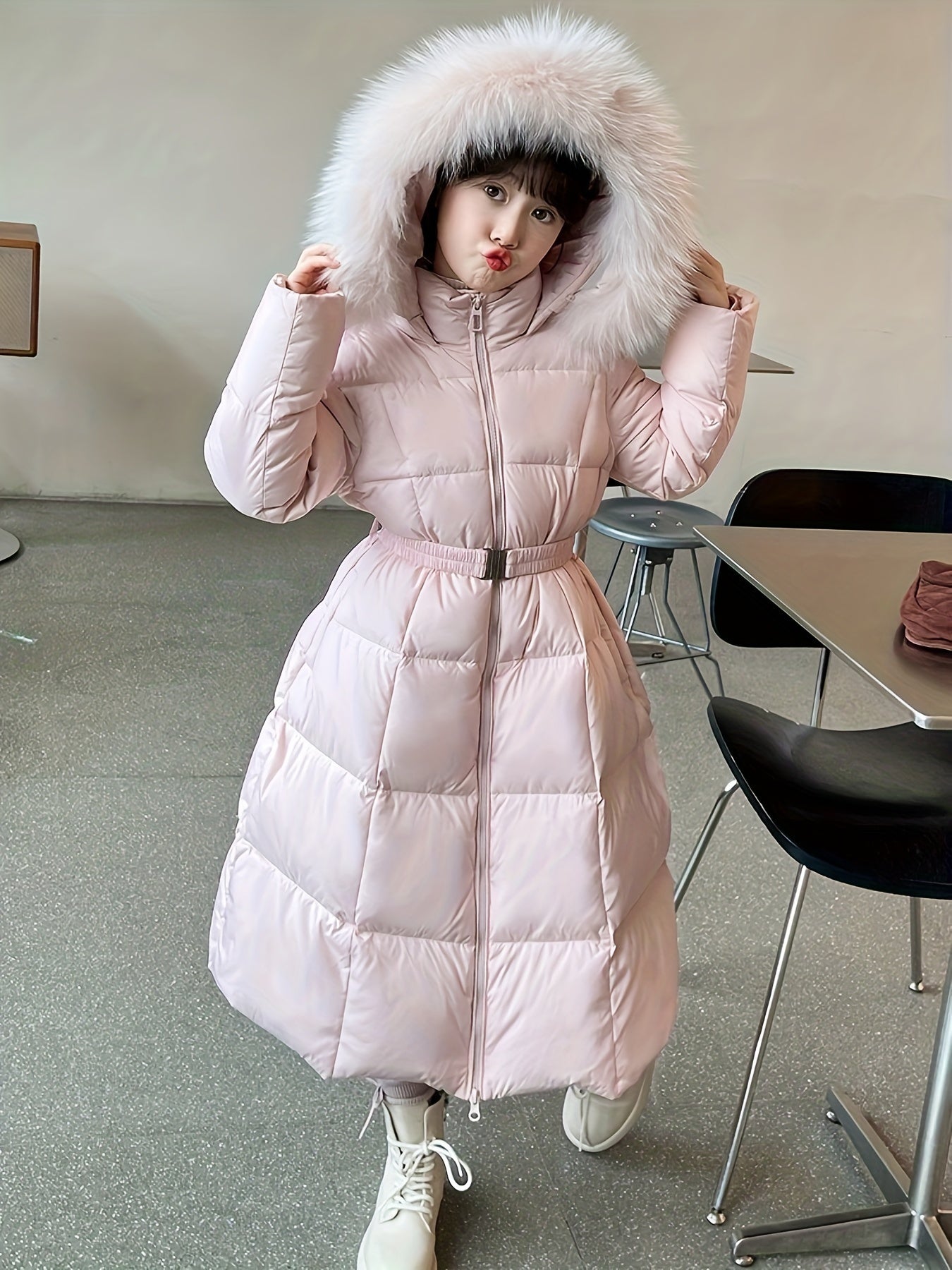 Elegant Long-Length Hooded Parka for Girls, Winter Slim Fit Puffer Coat with Belt, 100% Polyester Composition, Non-Stretch Solid Color with Flared Hem, Regular Sleeve - Kid's Outerwear