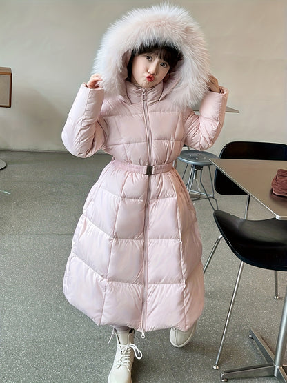 Elegant Long-Length Hooded Parka for Girls, Winter Slim Fit Puffer Coat with Belt, 100% Polyester Composition, Non-Stretch Solid Color with Flared Hem, Regular Sleeve - Kid's Outerwear