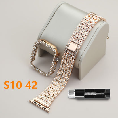 2-in-1 Strap + Hollow Shell Compatible with Apple Watch Straps 38mm 40mm 41mm 42mm 44mm 45mm 46mm+ Case, Women'S Jewelry Sparkling Rhinestone Replacement Metal Strap and 2pcs PC Protective Cover, Untempered Glass Film, Suitab