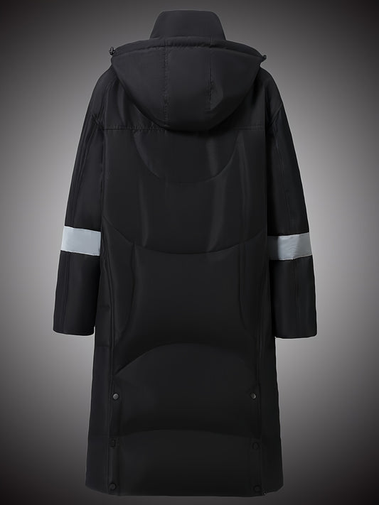 Unisex Casual Oxford Fabric Hooded Down Coat with Pockets, Long Over-the-Knee Style, Solid Color with Non-Stretch Fabric, Polyester Lining, Regular Fit Duck Down Insulation - Fashionable Longline Winter Parka