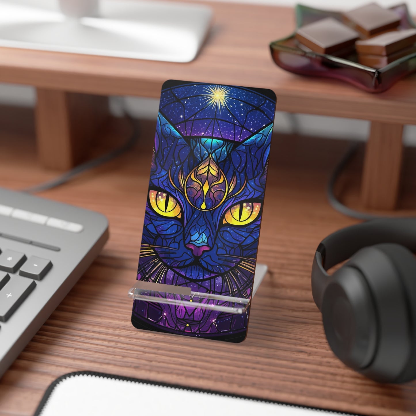 Stained Glass Cat Phone Stand, Colorful Yellow Eyed Cell Holder, Smartphone Display Dock, Black Cat Desk Organizer, Cute Kitty Tech