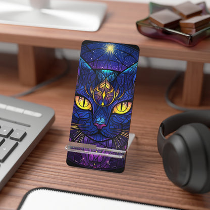 Stained Glass Cat Phone Stand, Colorful Yellow Eyed Cell Holder, Smartphone Display Dock, Black Cat Desk Organizer, Cute Kitty Tech