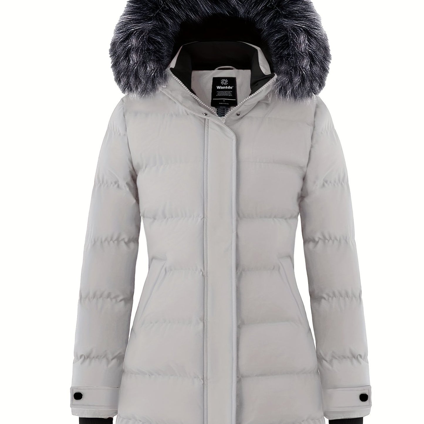 Multiple Pocket Solid Thicken Midi Padded Coat wantdo Women's Winter Puffer Parka Fashion Casual Classic Outdoor Hiking Travel Quilted Jacket Polyester Shell Faux Fur Detachable Hooded Overcoat Long Sleeve Two-way Zipper Yout