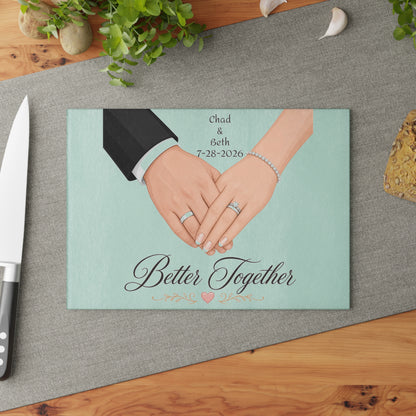 Better Together wedding hands Glass Cutting Board | Personalized date names