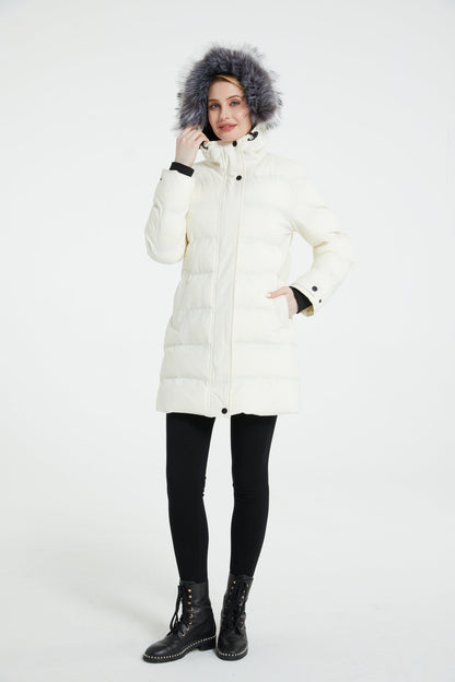 Multiple Pocket Solid Thicken Midi Padded Coat wantdo Women's Winter Puffer Parka Fashion Casual Classic Outdoor Hiking Travel Quilted Jacket Polyester Shell Faux Fur Detachable Hooded Overcoat Long Sleeve Two-way Zipper Yout