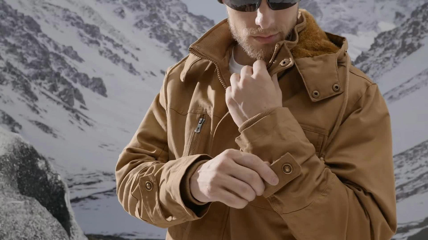 Men's Winter Windproof Full-Zip Jacket with & Detachable Hood - Heavy-Duty Multi-Pocket Parka Coat Suitable for Outdoor,, - Machine Washable Warm Jacket
