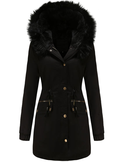 Cozy Fuzzy Trim Parka Hoodie Coat - Thermal Insulation, Long Sleeve, Drawstring Waist, Casual Chic, Fall & Winter Essential, Women's Clothing