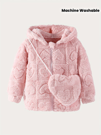 Girls' Pink Plush Hooded Jacket with Heart Appliqué & Plush - Winter Coat, Full-Zip Closure, Machine Washable H-Line Parka for & (No-Fill Warm Outerwear)