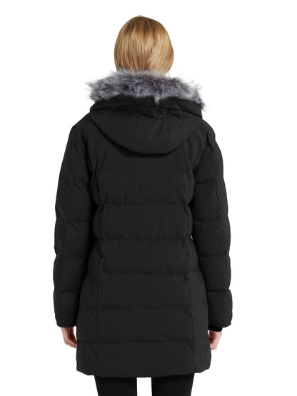 Multiple Pocket Solid Thicken Midi Padded Coat wantdo Women's Winter Puffer Parka Fashion Casual Classic Outdoor Hiking Travel Quilted Jacket Polyester Shell Faux Fur Detachable Hooded Overcoat Long Sleeve Two-way Zipper Yout