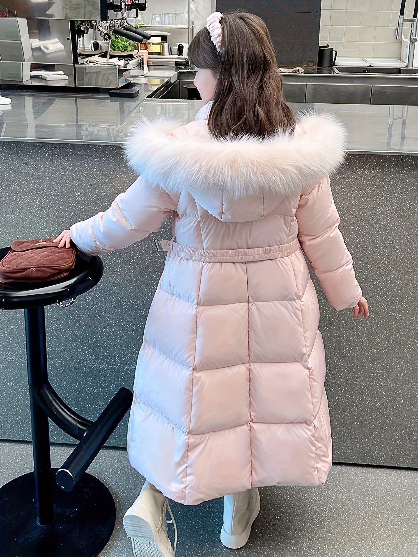 Elegant Long-Length Hooded Parka for Girls, Winter Slim Fit Puffer Coat with Belt, 100% Polyester Composition, Non-Stretch Solid Color with Flared Hem, Regular Sleeve - Kid's Outerwear