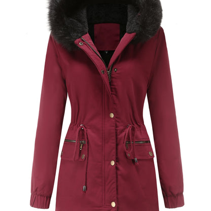 Cozy Fuzzy Trim Parka Hoodie Coat - Thermal Insulation, Long Sleeve, Drawstring Waist, Casual Chic, Fall & Winter Essential, Women's Clothing