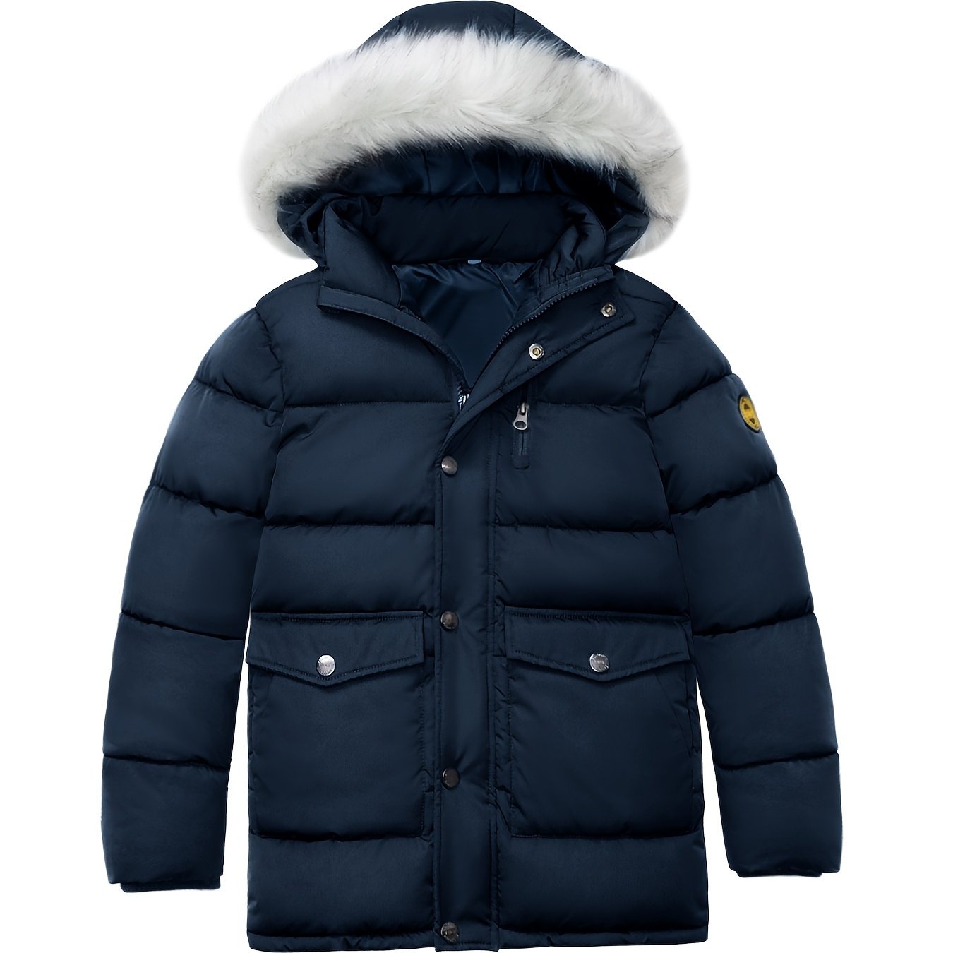 Thick Padded Girls Teens Furry Hooded Windproof Parka Coat with Pockets, Zipper Long Sleeve Winter Jacket