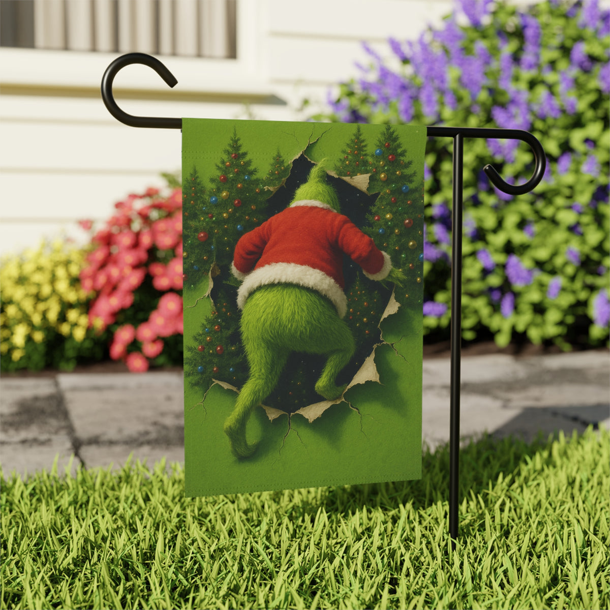 Personalizable Fuzzy Green figure Peeking Through Christmas Trees Garden Flag | House Banner