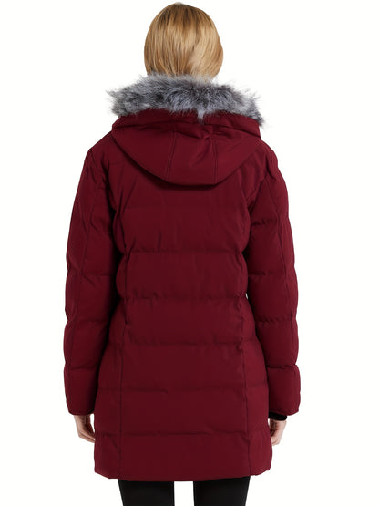 Multiple Pocket Solid Thicken Midi Padded Coat wantdo Women's Winter Puffer Parka Fashion Casual Classic Outdoor Hiking Travel Quilted Jacket Polyester Shell Faux Fur Detachable Hooded Overcoat Long Sleeve Two-way Zipper Yout