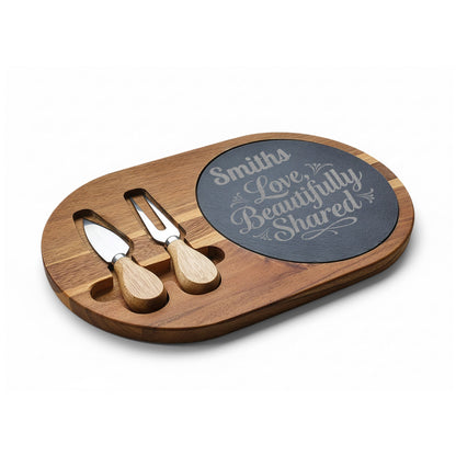 Personalized Engraved Charcuterie Board with Slate Inset & Cheese Tools