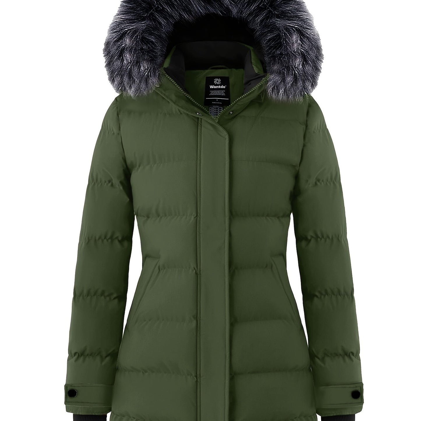 Multiple Pocket Solid Thicken Midi Padded Coat wantdo Women's Winter Puffer Parka Fashion Casual Classic Outdoor Hiking Travel Quilted Jacket Polyester Shell Faux Fur Detachable Hooded Overcoat Long Sleeve Two-way Zipper Yout
