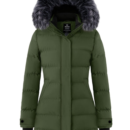 Multiple Pocket Solid Thicken Midi Padded Coat wantdo Women's Winter Puffer Parka Fashion Casual Classic Outdoor Hiking Travel Quilted Jacket Polyester Shell Faux Fur Detachable Hooded Overcoat Long Sleeve Two-way Zipper Yout