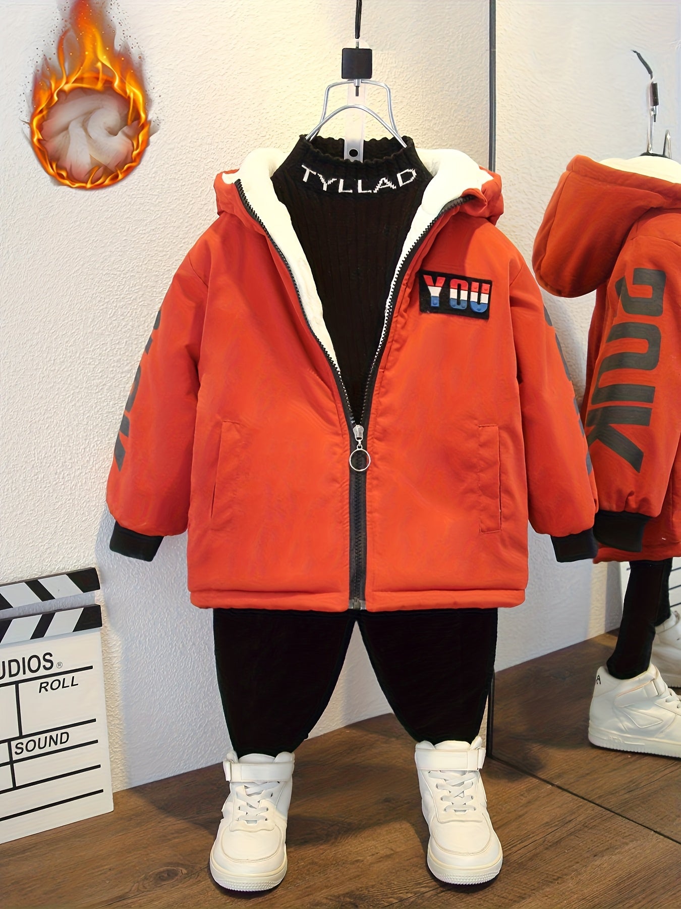 Boys' Cozy Fleece-Lined Hooded Parka Jacket - Warm Winter Outerwear with "Beloved's" Graphic, Orange Casual Style, Zip-Up Front, Long Sleeves, Loose Fit for Fall/Winter, Winter Jacket