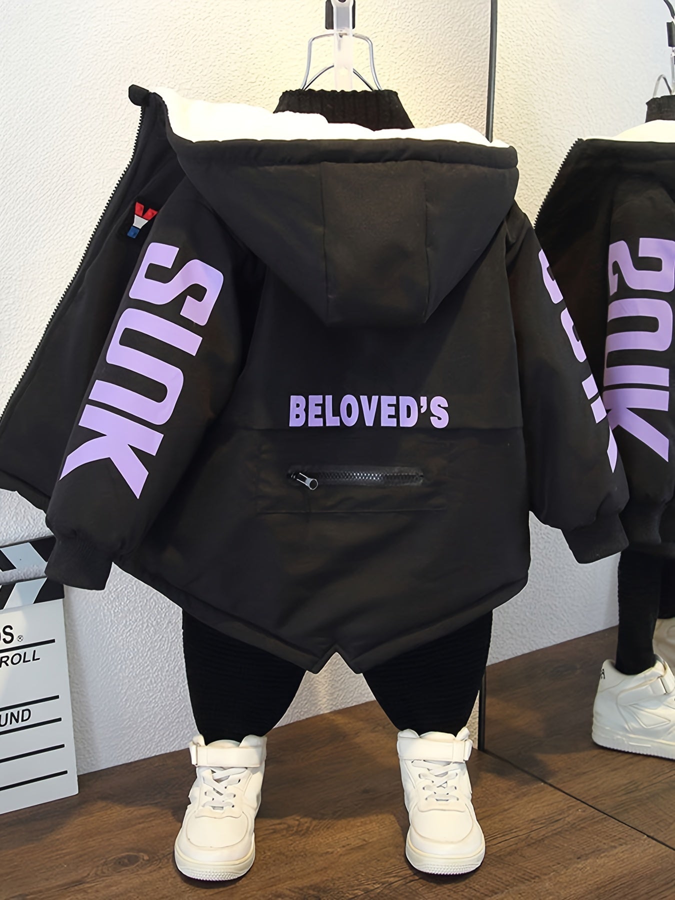 Boys' Cozy Fleece-Lined Hooded Parka Jacket - Warm Winter Outerwear with "Beloved's" Graphic, Orange Casual Style, Zip-Up Front, Long Sleeves, Loose Fit for Fall/Winter, Winter Jacket