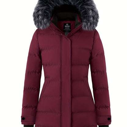 Multiple Pocket Solid Thicken Midi Padded Coat wantdo Women's Winter Puffer Parka Fashion Casual Classic Outdoor Hiking Travel Quilted Jacket Polyester Shell Faux Fur Detachable Hooded Overcoat Long Sleeve Two-way Zipper Yout