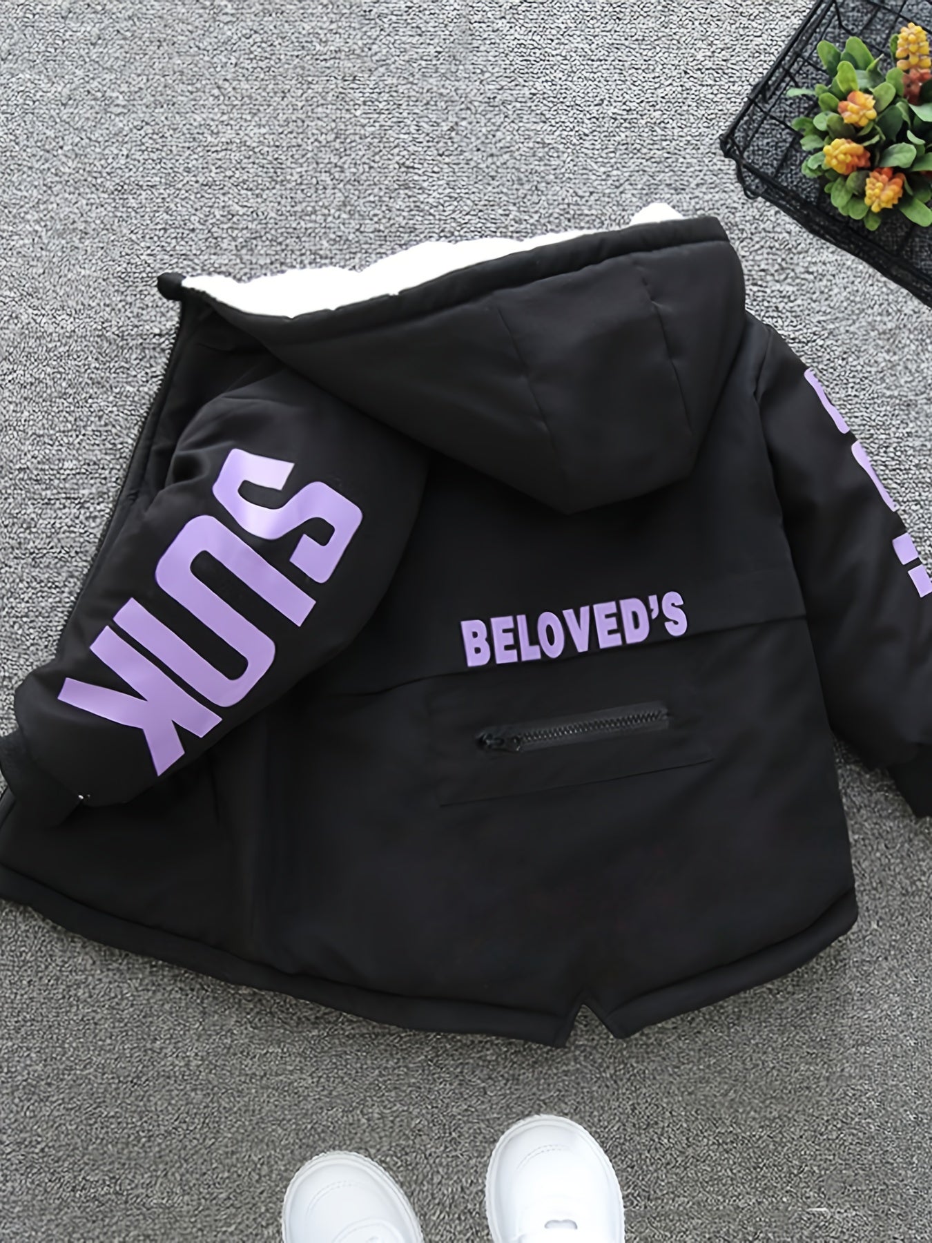 Boys' Cozy Fleece-Lined Hooded Parka Jacket - Warm Winter Outerwear with "Beloved's" Graphic, Orange Casual Style, Zip-Up Front, Long Sleeves, Loose Fit for Fall/Winter, Winter Jacket