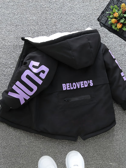 Boys' Cozy Fleece-Lined Hooded Parka Jacket - Warm Winter Outerwear with "Beloved's" Graphic, Orange Casual Style, Zip-Up Front, Long Sleeves, Loose Fit for Fall/Winter, Winter Jacket