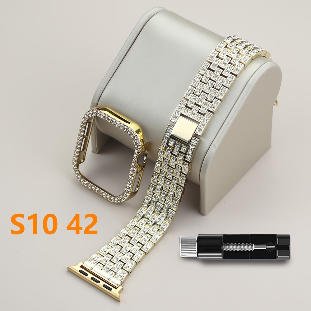 2-in-1 Strap + Hollow Shell Compatible with Apple Watch Straps 38mm 40mm 41mm 42mm 44mm 45mm 46mm+ Case, Women'S Jewelry Sparkling Rhinestone Replacement Metal Strap and 2pcs PC Protective Cover, Untempered Glass Film, Suitab