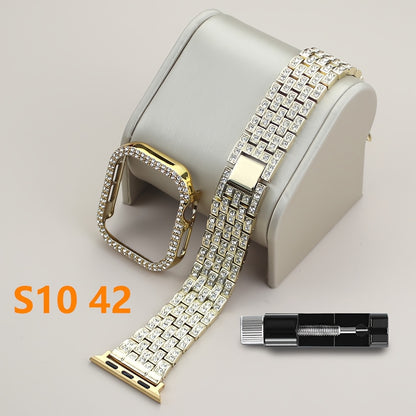 2-in-1 Strap + Hollow Shell Compatible with Apple Watch Straps 38mm 40mm 41mm 42mm 44mm 45mm 46mm+ Case, Women'S Jewelry Sparkling Rhinestone Replacement Metal Strap and 2pcs PC Protective Cover, Untempered Glass Film, Suitab
