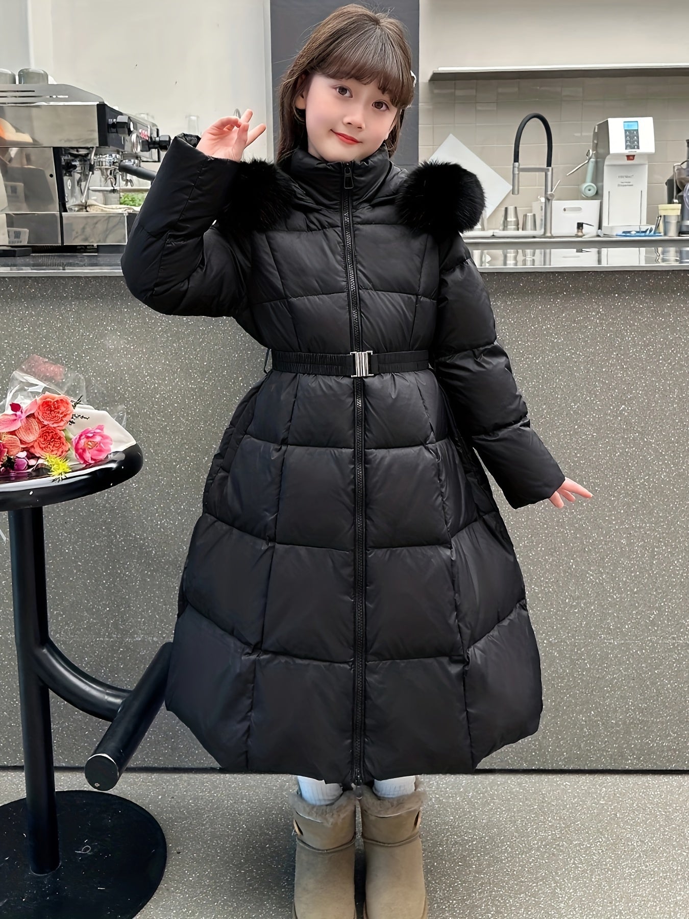 Elegant Long-Length Hooded Parka for Girls, Winter Slim Fit Puffer Coat with Belt, 100% Polyester Composition, Non-Stretch Solid Color with Flared Hem, Regular Sleeve - Kid's Outerwear