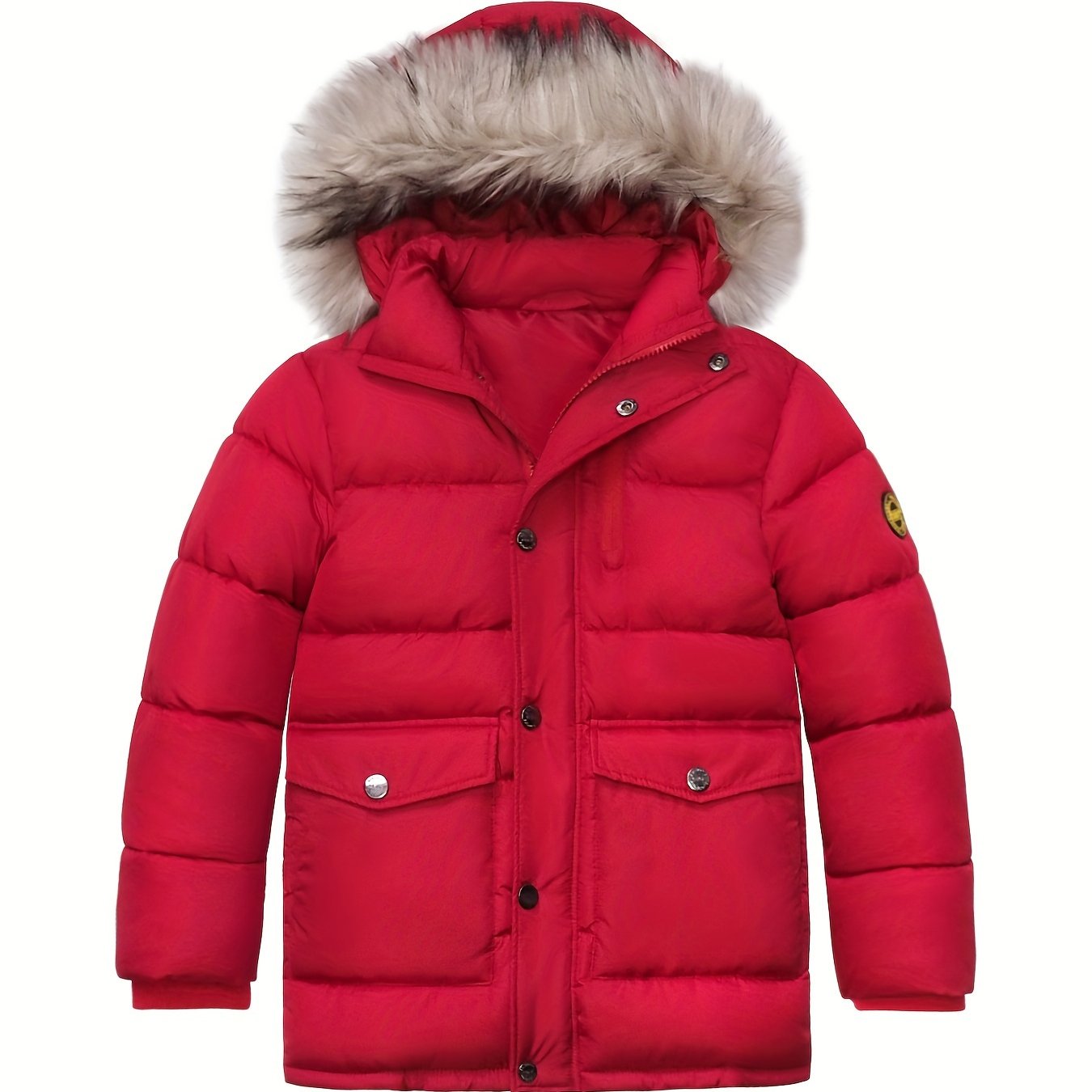 Thick Padded Girls Teens Furry Hooded Windproof Parka Coat with Pockets, Zipper Long Sleeve Winter Jacket