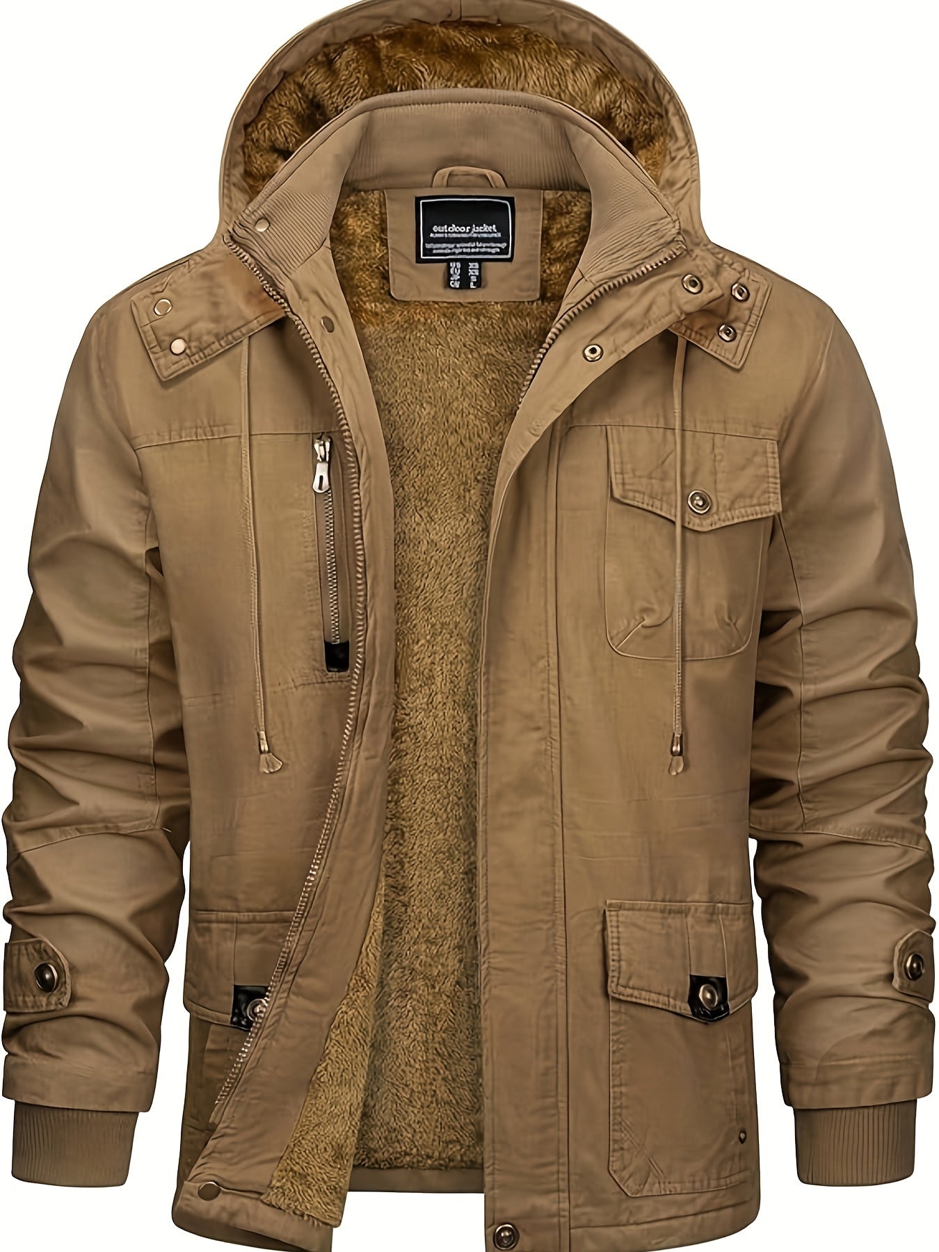 Men's Winter Windproof Full-Zip Jacket with & Detachable Hood - Heavy-Duty Multi-Pocket Parka Coat Suitable for Outdoor,, - Machine Washable Warm Jacket