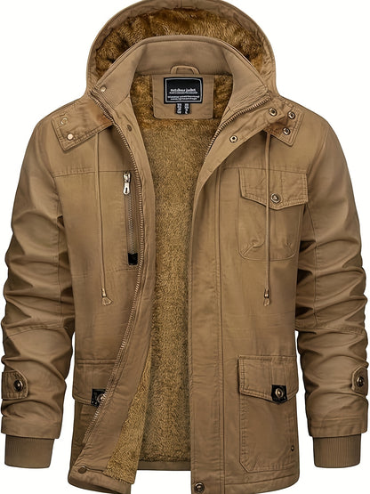 Men's Winter Windproof Full-Zip Jacket with & Detachable Hood - Heavy-Duty Multi-Pocket Parka Coat Suitable for Outdoor,, - Machine Washable Warm Jacket