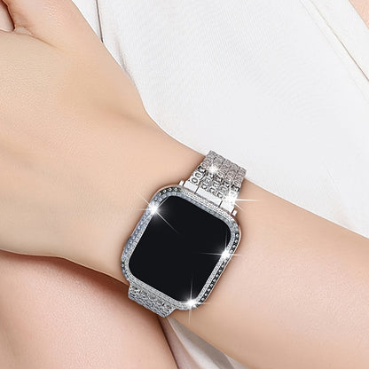 2-in-1 Strap + Hollow Shell Compatible with Apple Watch Straps 38mm 40mm 41mm 42mm 44mm 45mm 46mm+ Case, Women'S Jewelry Sparkling Rhinestone Replacement Metal Strap and 2pcs PC Protective Cover, Untempered Glass Film, Suitab