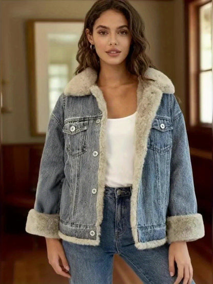 2025 Autumn And Winter Women'S Jacket Retro Plush Denim Jacket Casual Loose Thickened Casual Parka