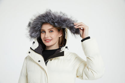 Multiple Pocket Solid Thicken Midi Padded Coat wantdo Women's Winter Puffer Parka Fashion Casual Classic Outdoor Hiking Travel Quilted Jacket Polyester Shell Faux Fur Detachable Hooded Overcoat Long Sleeve Two-way Zipper Yout