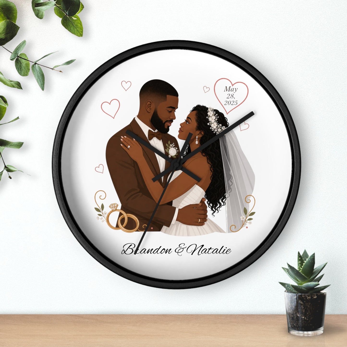 Bride and Groom Wedding Illustration Wall Clock | Personalized Names & Date