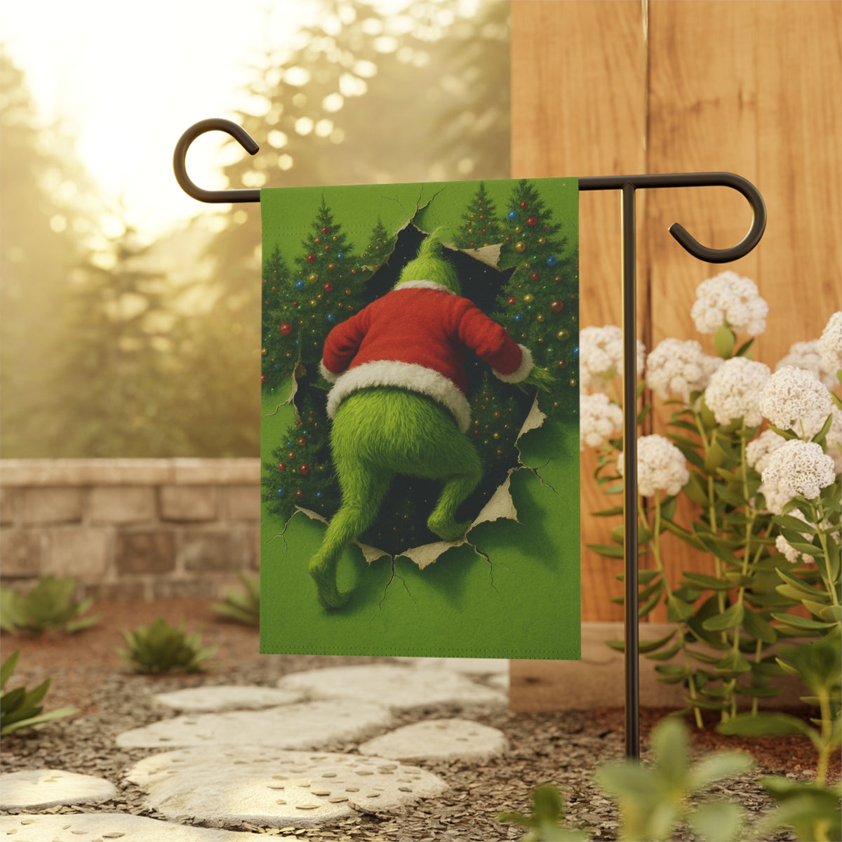 Personalizable Fuzzy Green figure Peeking Through Christmas Trees Garden Flag | House Banner