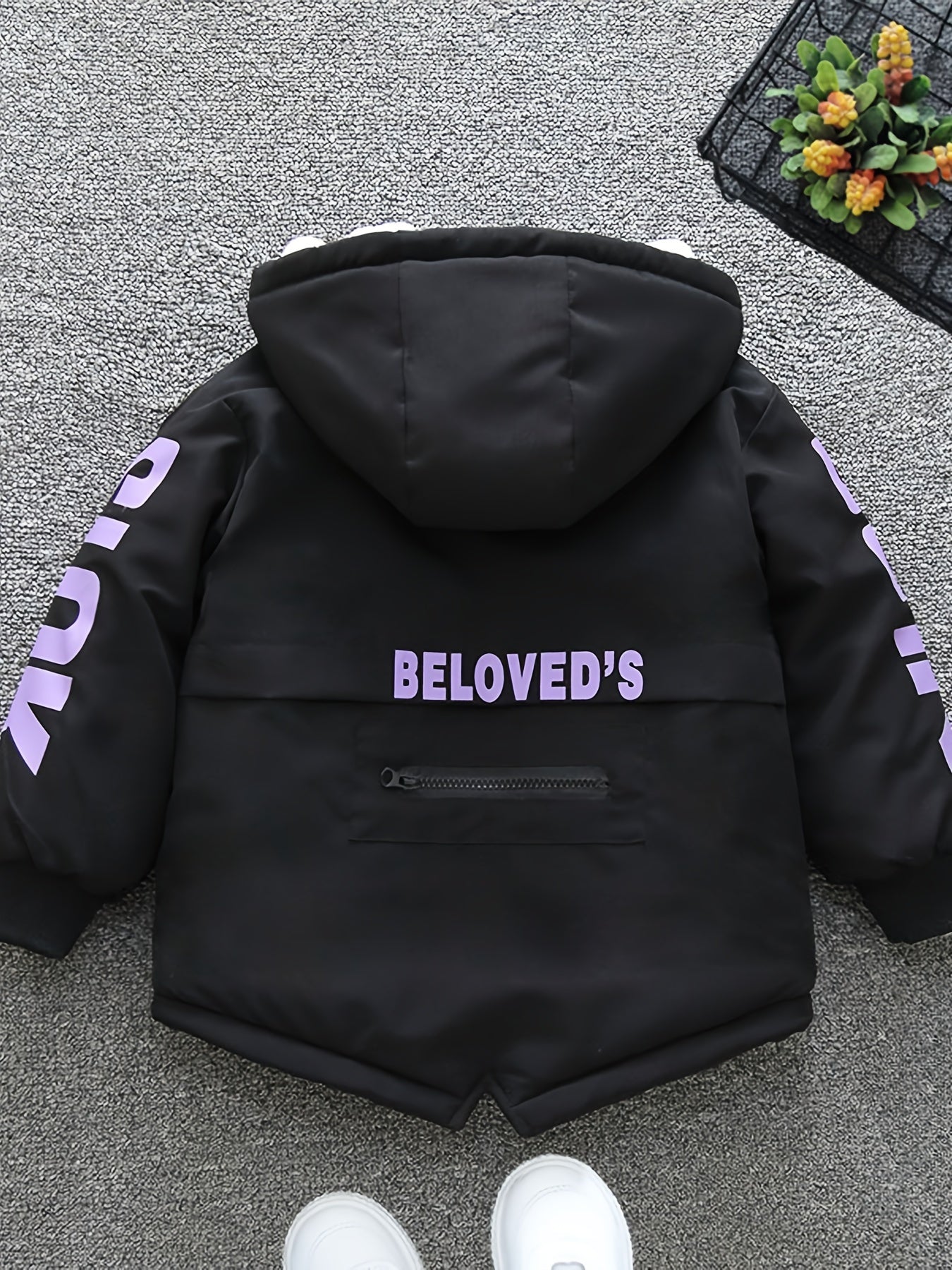 Boys' Cozy Fleece-Lined Hooded Parka Jacket - Warm Winter Outerwear with "Beloved's" Graphic, Orange Casual Style, Zip-Up Front, Long Sleeves, Loose Fit for Fall/Winter, Winter Jacket