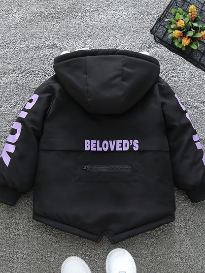 Boys' Cozy Fleece-Lined Hooded Parka Jacket - Warm Winter Outerwear with "Beloved's" Graphic, Orange Casual Style, Zip-Up Front, Long Sleeves, Loose Fit for Fall/Winter, Winter Jacket