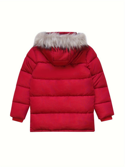 Thick Padded Girls Teens Furry Hooded Windproof Parka Coat with Pockets, Zipper Long Sleeve Winter Jacket