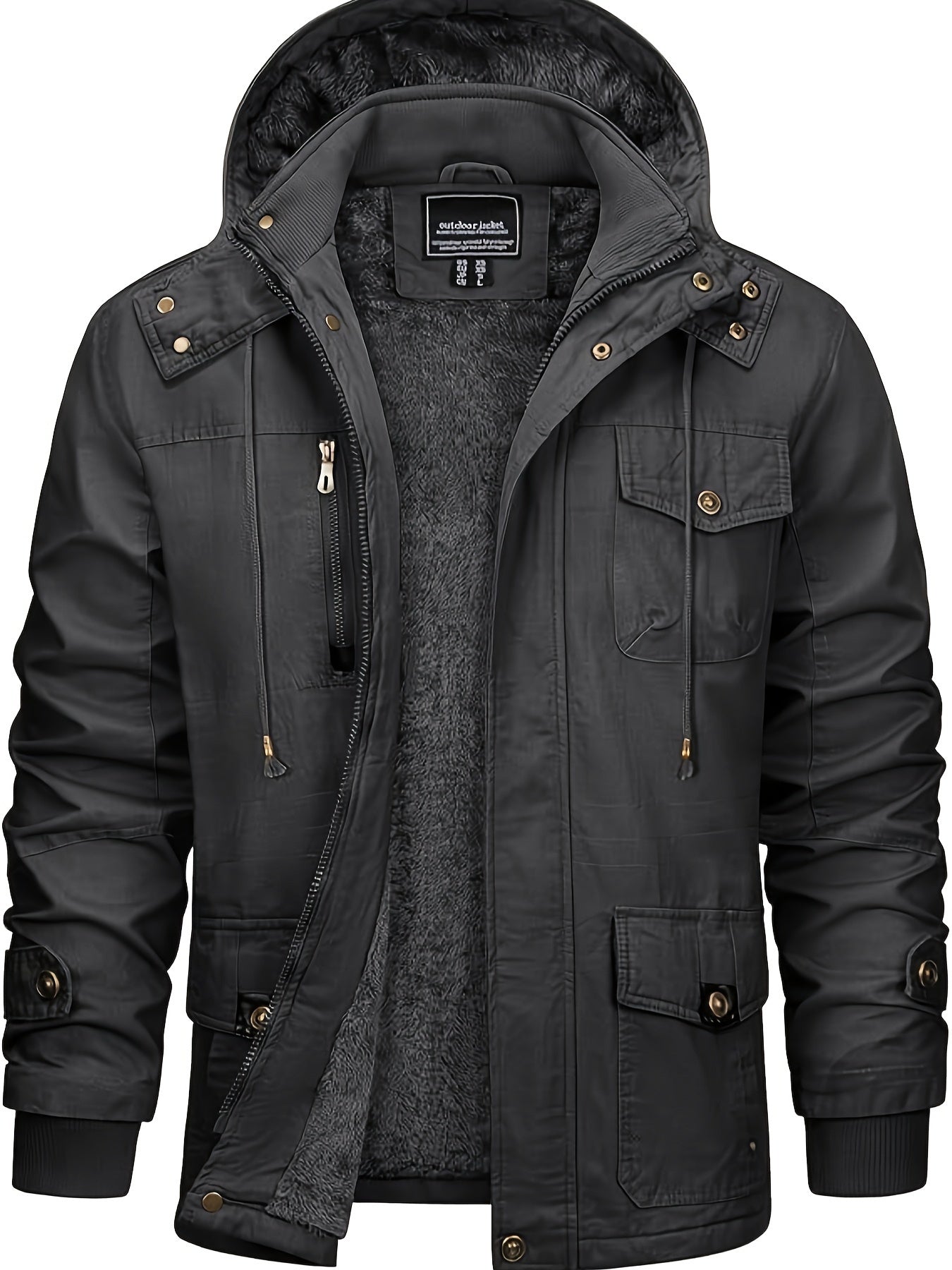 Men's Winter Windproof Full-Zip Jacket with & Detachable Hood - Heavy-Duty Multi-Pocket Parka Coat Suitable for Outdoor,, - Machine Washable Warm Jacket