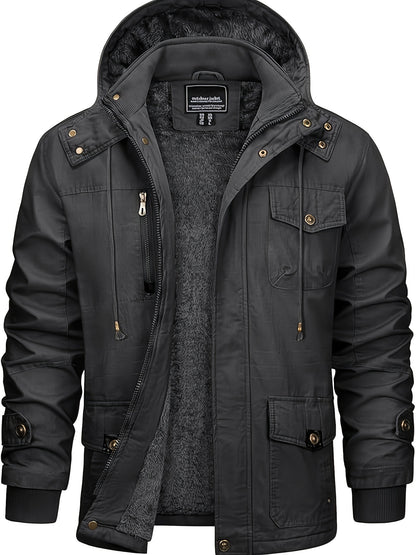 Men's Winter Windproof Full-Zip Jacket with & Detachable Hood - Heavy-Duty Multi-Pocket Parka Coat Suitable for Outdoor,, - Machine Washable Warm Jacket