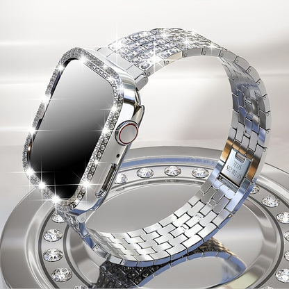 2-in-1 Strap + Hollow Shell Compatible with Apple Watch Straps 38mm 40mm 41mm 42mm 44mm 45mm 46mm+ Case, Women'S Jewelry Sparkling Rhinestone Replacement Metal Strap and 2pcs PC Protective Cover, Untempered Glass Film, Suitab